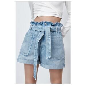 Zara PaperBag Denim Shorts Frayed Tie - Waist Line and Raw Hemline Style Size 2